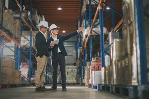 asian chinese management having discussion at warehouse with white hardhat using digital tablet asian chinese management having discussion at warehouse with white hardhat using digital tablet